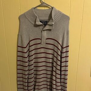 American Eagle Outfitters Light Gray Quarter-Zip Sweater with Burgundy Stripes